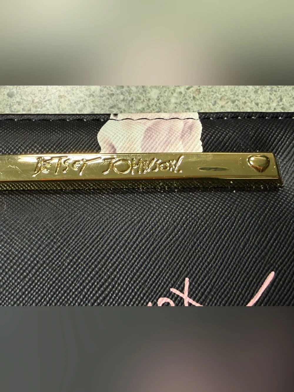 Betsey Johnson Frenchie Black Wallet with Pink Accent and Gold Logo Bar